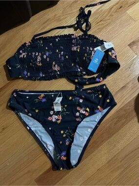 Cupshe Navy Floral Smocked Bikini Set